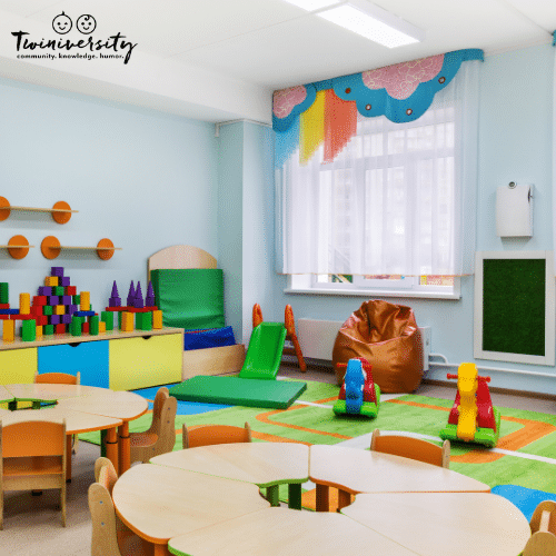 an infant or toddler classroom at a daycare for twins 