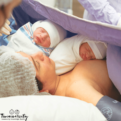 a woman meets her twins after having a c-section