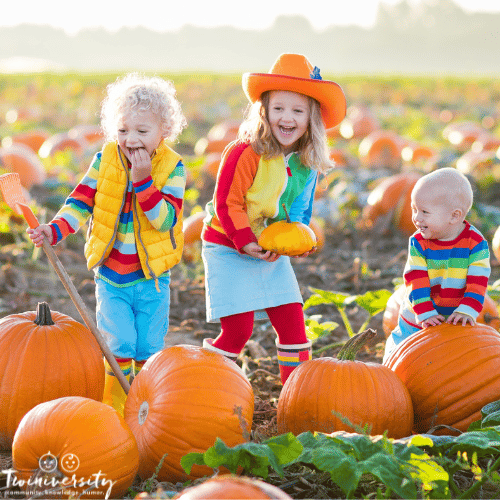 three children pick pumpkins at the pumpkin patch for fall family fun in the outdoors