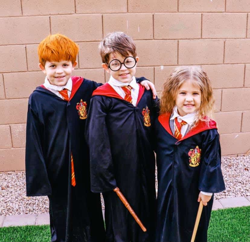 twin boys plus younger sister dressed up as harry ron and hermione from harry potter