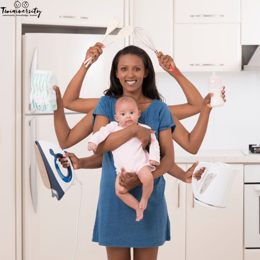 woman with eight arms doing holding house cleaning supplies and her baby