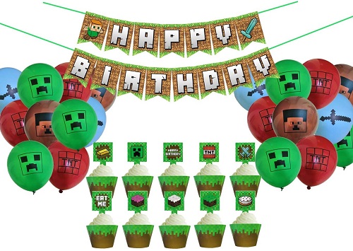 twins' birthday minecraft banner, balloons, cupcake decorations