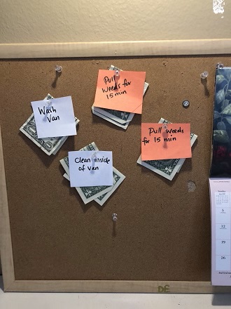 chores for 6-year-olds a small cork board with 4 post its with chores written on them and money pinned underneath.
