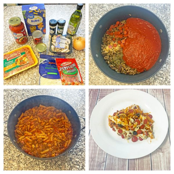 30-minute pizza pasta collage photo of ingredients and cooking process