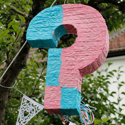 a pink and blue pinata shaped like a question mark to determine the sex of a baby