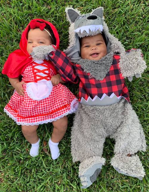 babies dressed as little red riding hood and the wolf boy girl twin halloween costumes