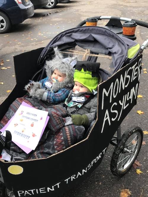 baby twins dressed as werewolf and Frankenstein boy girl twin halloween costumes