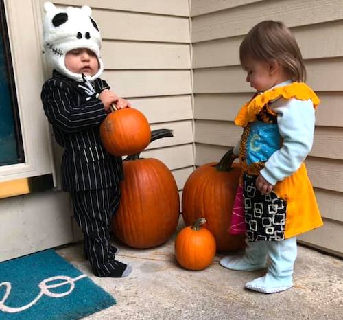 toddler twins dressed as nightmare before Christmas characters boy girl twin halloween costumes