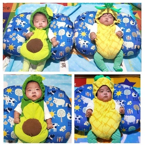 baby twins dressed as an avocado and pineapple boy girl twin halloween costumes