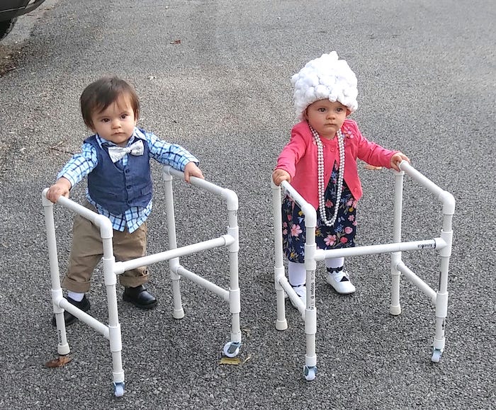 toddler twins dressed as old people with walkers boy girl twin halloween costumes