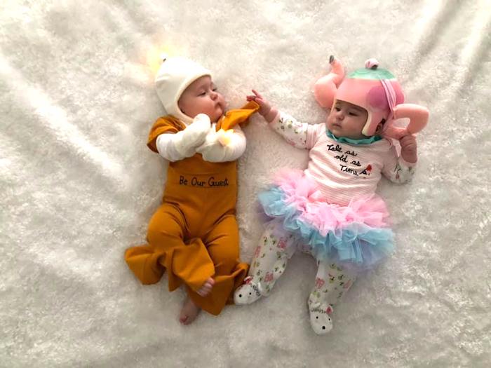 baby twins dressed as beauty and the beast characters boy girl twin halloween costumes