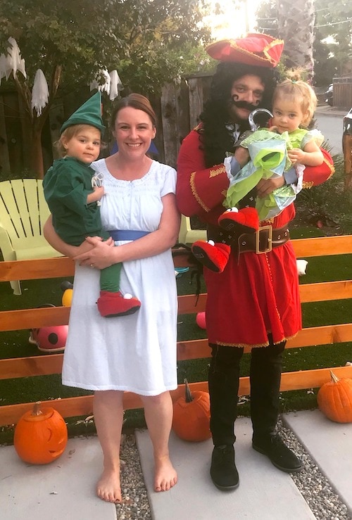 family with twins dressed as Peter Pan characters boy girl twin halloween costumes