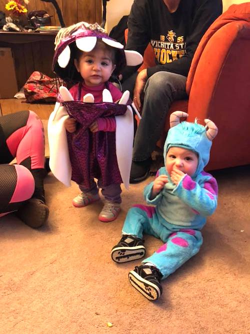 twin babies dressed as boo and sully from monsters inc boy girl twin halloween costumes