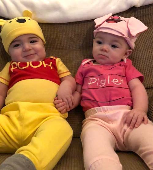 twin babies dressed as pooh and piglet boy girl twin halloween costumes