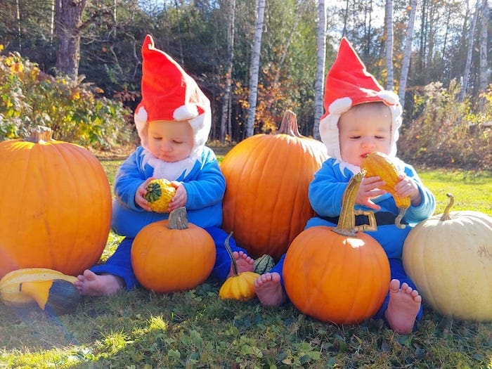 baby twins dressed as gnomes boy girl twin halloween costumes