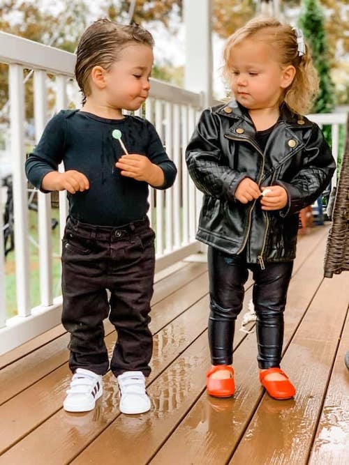 toddler twins dressed as sandy and Danny from Grease boy girl twin halloween costumes