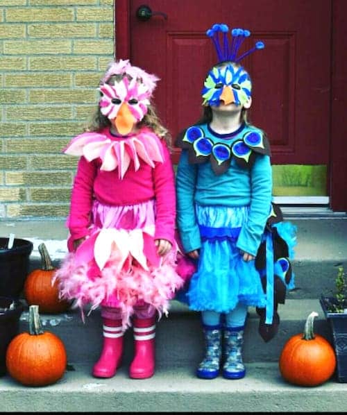 twin girls dressed as a flamingo and peacock twin girls halloween costumes