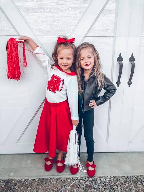 twin girls dressed at sandy from grease twin girls halloween costumes