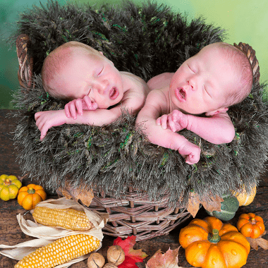 Thanksgiving dinner infant twins in a basket with gourds and corn around the basket