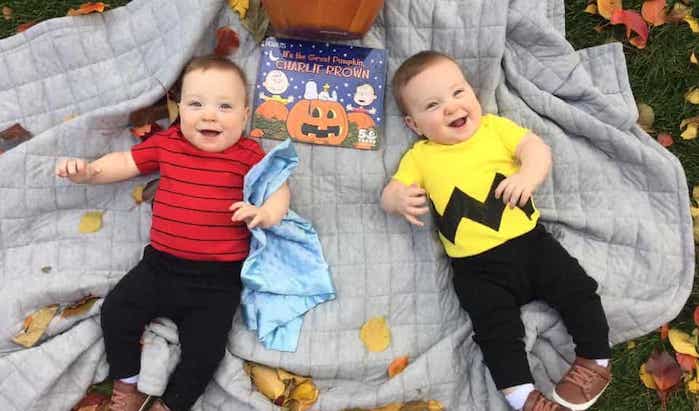 twin babies dressed as charlie brown and linus twin boys halloween costumes