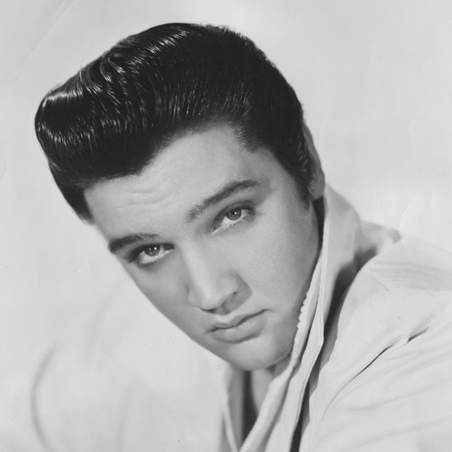 celebrity twins black and white headshot of Elvis Presley