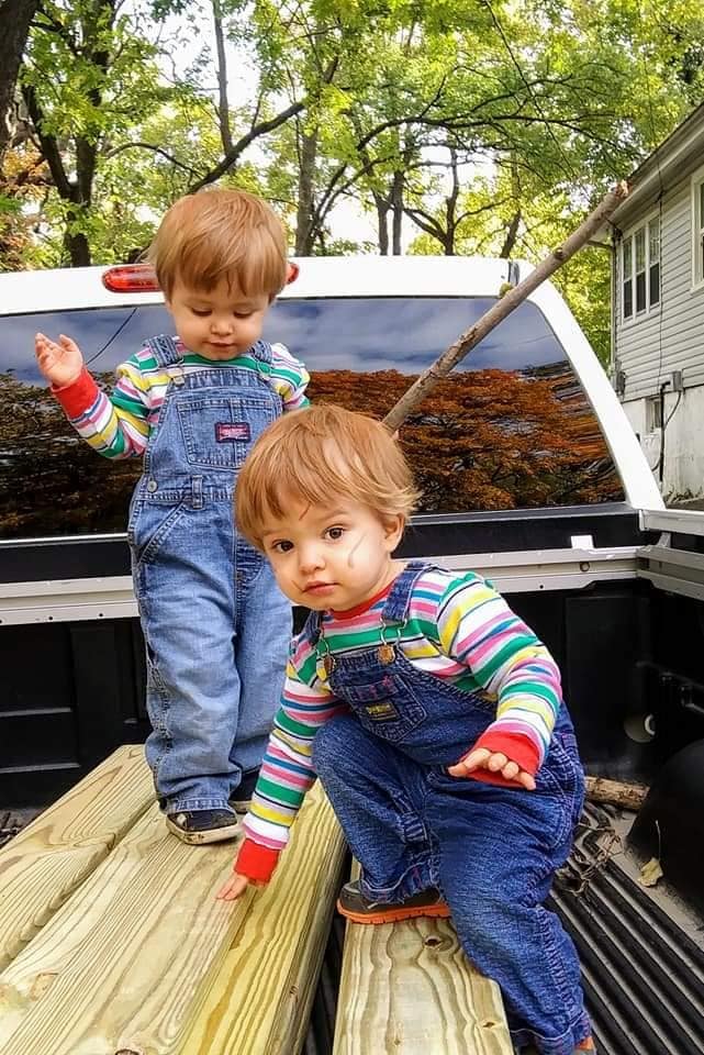 twin toddlers dressed as chuckie twin boys halloween costumes