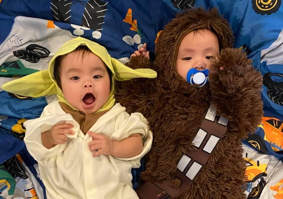 twin babies dressed as yoda and chewbacca twin boys halloween costumes