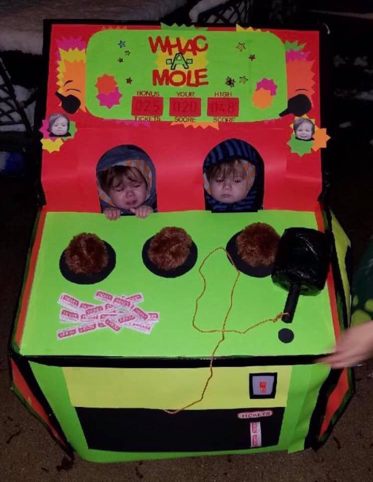 twins dressed as a whack a mole game twin boys halloween costumes