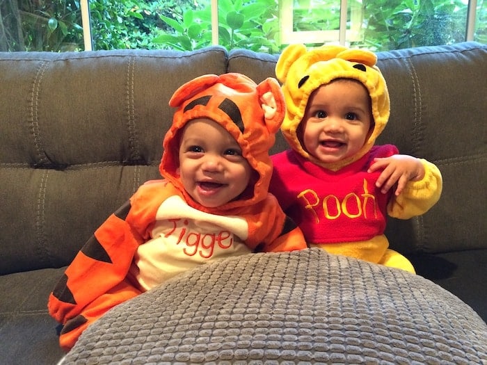 twin babies dressed as pooh and tigger twin boys halloween costumes