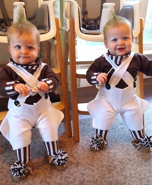 twin toddlers dressed as oompa loompahs twin boys halloween costumes