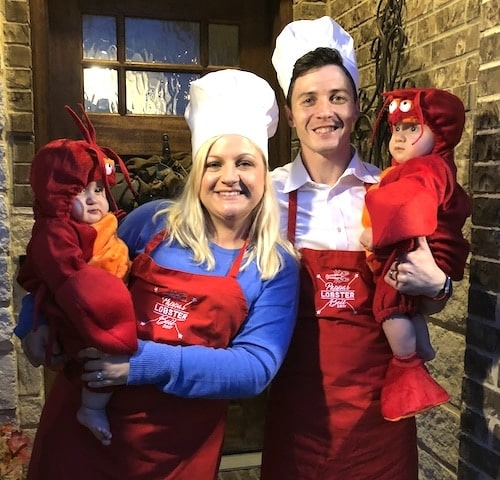 twin babies dressed as lobsters and parents are chefs twin boys halloween costumes