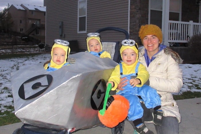 triplet boys dressed as minions twin boys halloween costumes