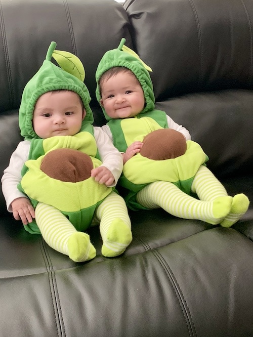 twin babies dressed as avocados twin boys halloween costumes