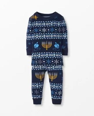 matching christmas pajamas blue onsie sleeper with a menorah and dreidel 