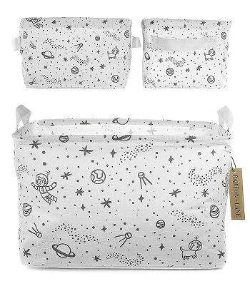 space themed nursery 3 white bins with grey space drawings on them