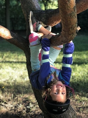 destructive kids a girl hanging upside down from a tree branch