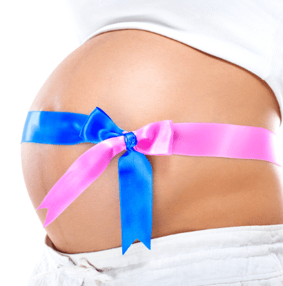 pregnant belly with pink and blue ribbon