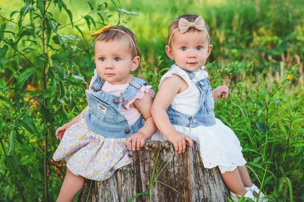 15-month-old identical twins girls in dresses sitting on a tree stump for pictures