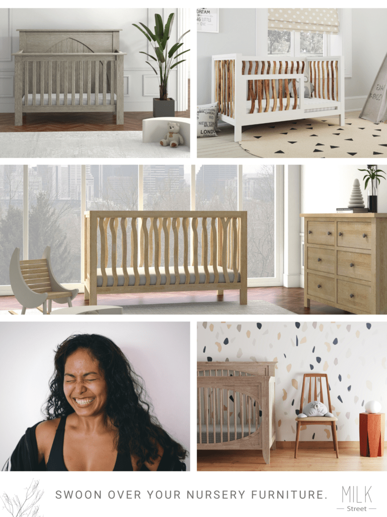 milk street baby furniture pieces cribs dressers and a woman smiling