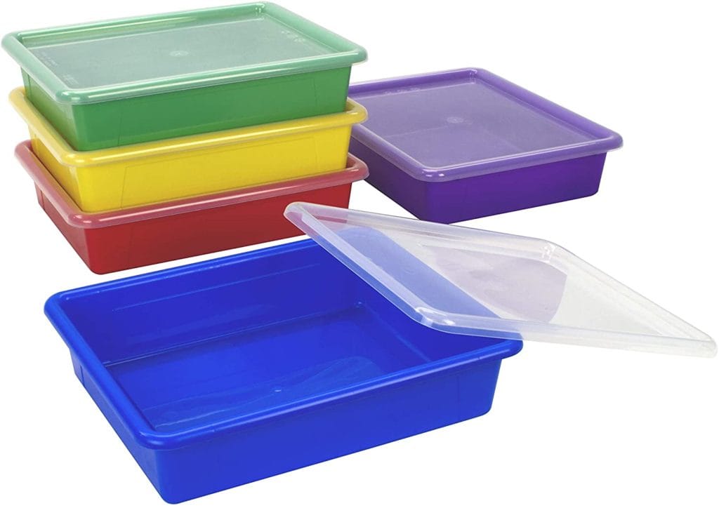 different colored bins with lids for sensory play