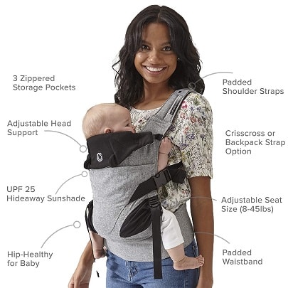 a woman holding an infant in a front carrier