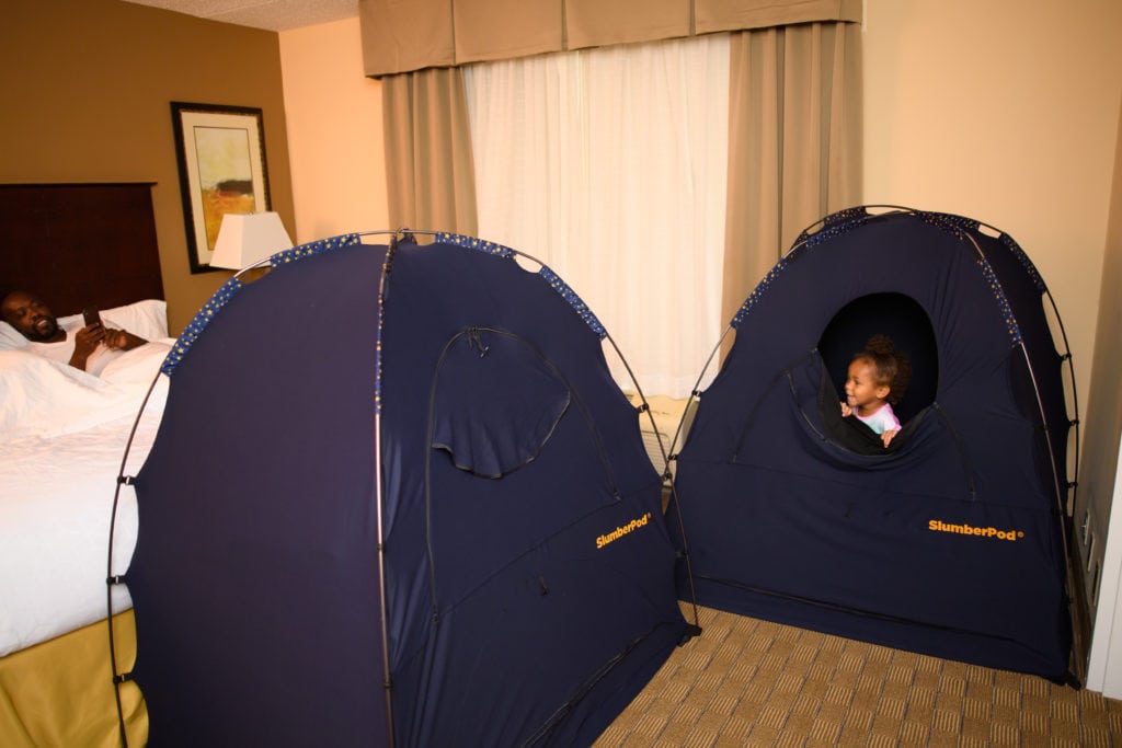 two slumberpods in a hotel room