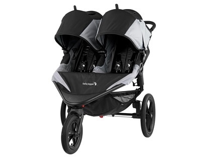 grey and black side by side double jogging stroller