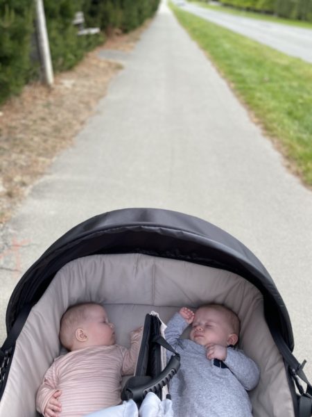 two babies in the mountain buggy cocoon for twins bassinet