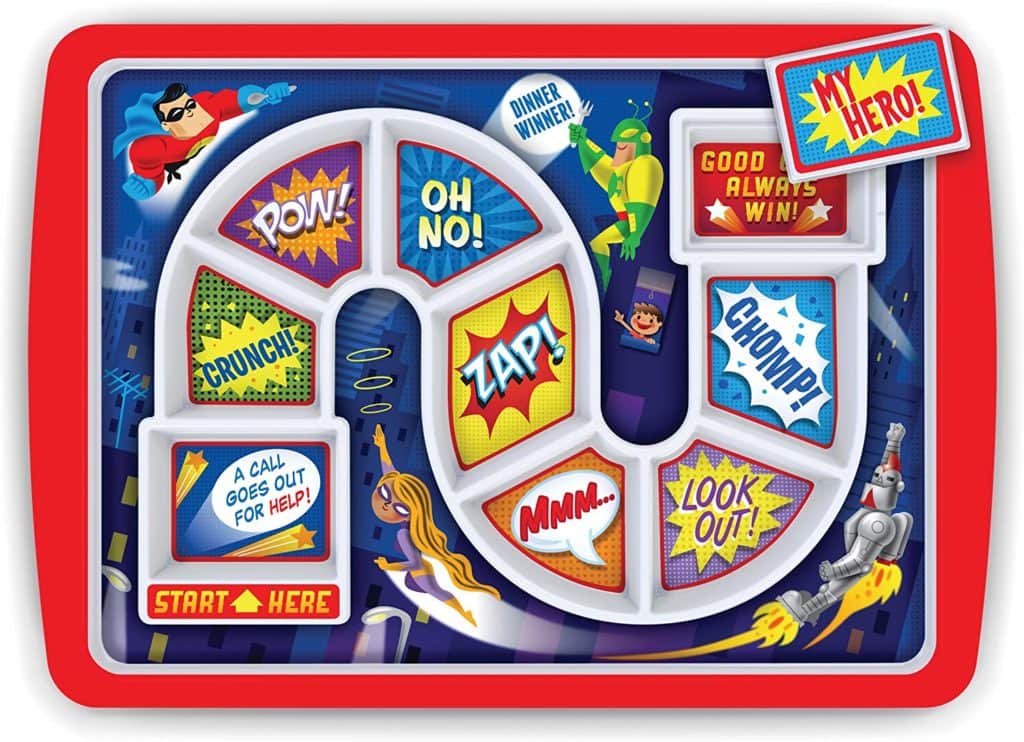 kids maze plate with super heros sections for food to encourage eating healthy