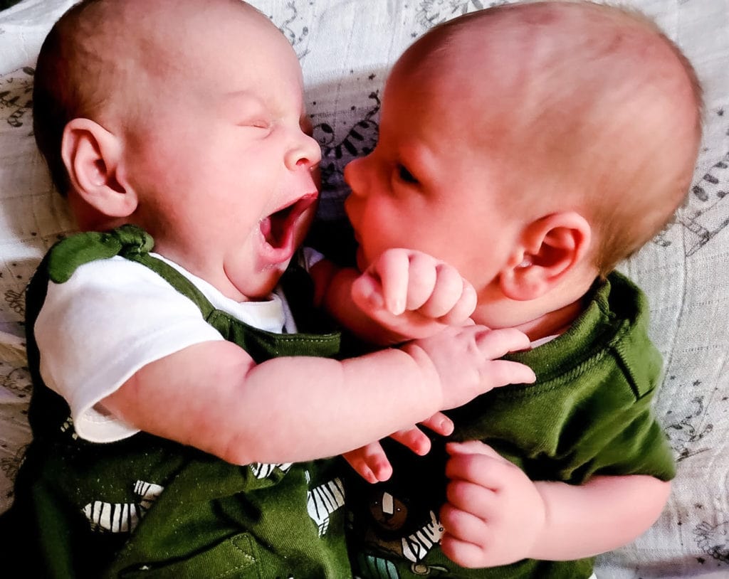 newborn girl boy twins laying on a bed