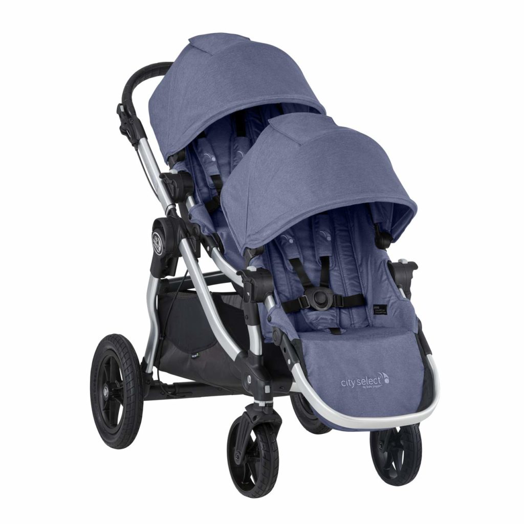 a gray colored tandem stroller