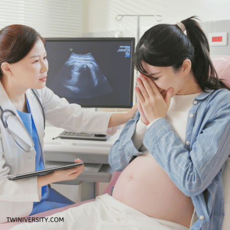 a pregnant woman cries at the doctor's office after an ultrasound