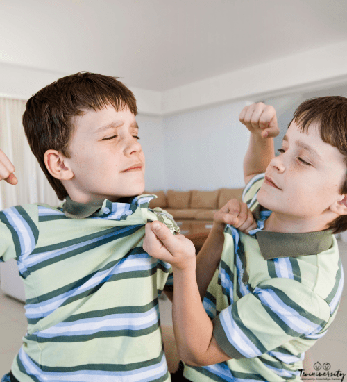 twin boys holding each other by the shirt with fists aimed at each other as twins fight