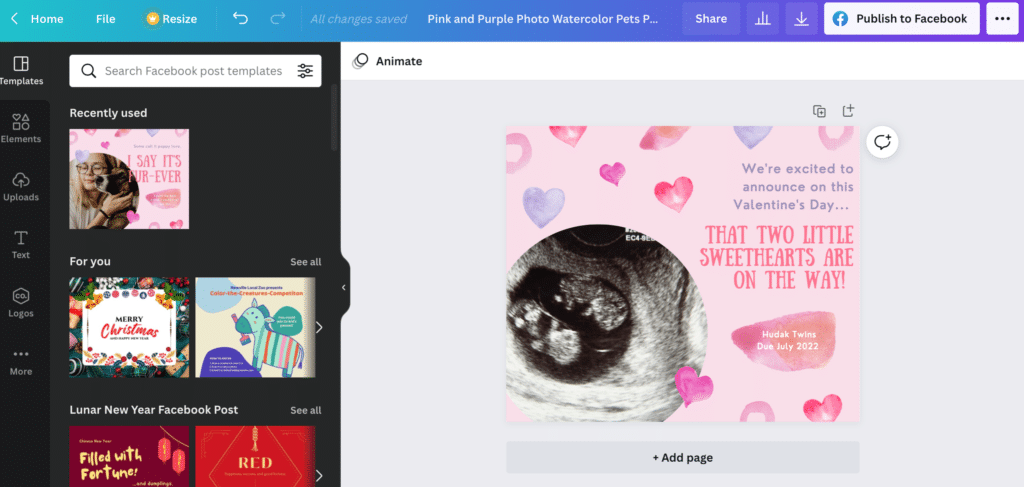 Screen shot of Valentine's Day Canva template being edited for a Valentine'd Day baby announcement, template is light pink with pink and purple hearts, with text "We're excited to announce on this Valentine's Day...that two little sweethearts are on the way! Hudak Twins Due July 2022" and a picture of a twin ultrasound.